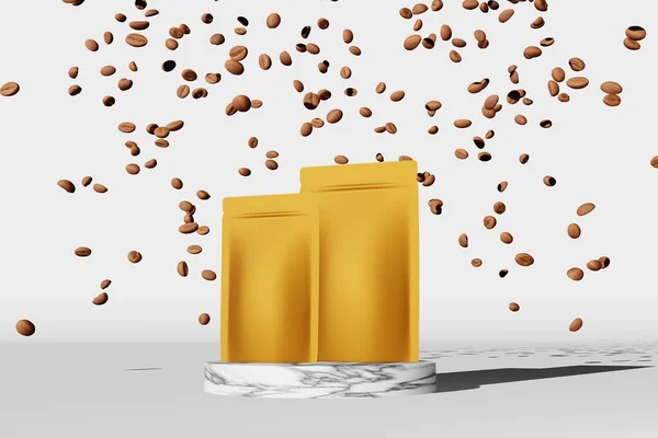 Golden Pouch Bag Mockup Falling Coffee Beans Marble Podium White — Stockfoto