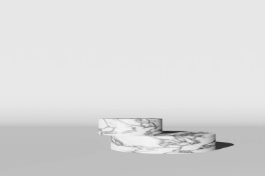 Empty marble stones concrete platform podium with harsh shadow 3D render. Premium luxury cosmetic product presentation scene. Shop sale modern royal pedestal demonstration place monochrome background.