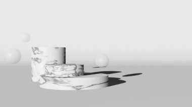 Marble stones concrete platform podium bubbles harsh shadows 3D animation. Premium luxury cosmetic product presentation scene. Shop sale modern royal pedestal demonstration place monochrome background