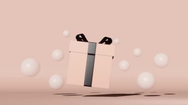 Pink gift box black ribbon bow floating bubbles 3D animation rose gold background. Holiday sale Valentine's day shopping Black friday Christmas preparation minimal style.Levitating purchase package 4K