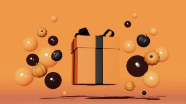 Halloween sale Pumpkins orange gift box black ribbon bow floating bubbles fall background 3D Thanksgiving shopping autumn holidays preparation concept minimal style banner. Levitating purchase package