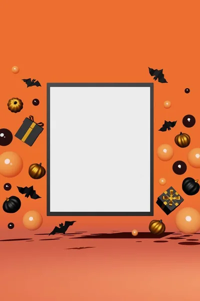 Halloween sale frame mockup banner copy space fall background. Pumpkin black gift box flying bat floating bubbles. Thanksgiving shopping autumn holiday preparation creative Levitating purchase package