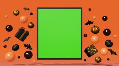 Halloween sale green screen chroma key frame mockup copy space fall 3D loop animation. Pumpkin black gift box bats floating bubbles Thanksgiving shopping autumn holiday preparation creative Levitating
