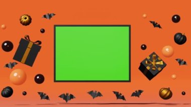 Halloween sale green screen chroma key frame mockup copy space fall 3D loop animation. Pumpkin black gift box bats floating bubbles Thanksgiving shopping autumn holiday preparation creative Levitating