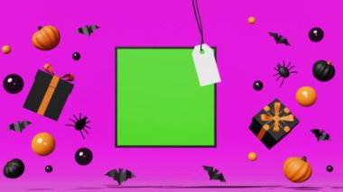 Halloween sale green screen chroma key frame price tag mockup copy space fall 3D loop animation. Pumpkin black gift box bats floating bubbles. Thanksgiving shopping autumn holiday creative Levitating.