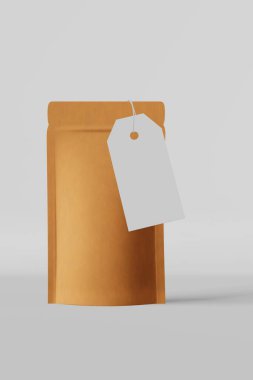 Pouch bag branding template price tag mockup white background 3D rendering. Merchandise packaging design. Blank kraft paper pack coffee beans sachet product.Tea food snack delivery Shop sale Hot offer