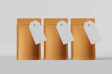 Pouch bags branding template price tag mockup white background 3D rendering. Merchandise packaging design.Blank kraft paper pack coffee beans sachet product.Tea food snack delivery Shop sale Hot offer