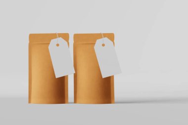 Pouch bags branding template price tag mockup white background 3D rendering. Merchandise packaging design.Blank kraft paper pack coffee beans sachet product.Tea food snack delivery Shop sale Hot offer