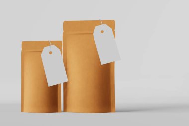 Pouch bags branding template price tag mockup white background 3D rendering. Merchandise packaging design.Blank kraft paper pack coffee beans sachet product.Tea food snack delivery Shop sale Hot offer