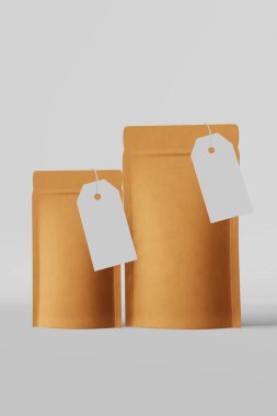 Pouch bags branding template price tag mockup white background 3D rendering. Merchandise packaging design.Blank kraft paper pack coffee beans sachet product.Tea food snack delivery Shop sale Hot offer