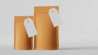 Pouch bag branding template price tag mockup white background 3D animation. Merchandise packaging design. Blank kraft paper pack coffee beans sachet product.Tea food snack delivery Shop sale Hot offer