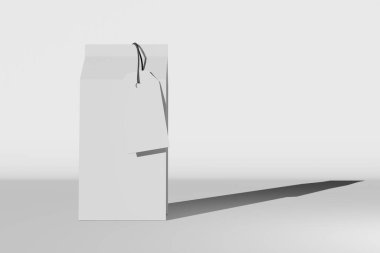 White standing box bottom pouch bag branding template price tag card mockup 3D rendering. Merchandise cardboard packaging design. Blank matte product pack Coffee bean tea food snack delivery Shop sale