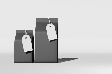 Black standing box bottom pouch bag coffee branding price tag 3D rendering. Merchandise packaging design. Blank foil coffee bean Tea food snack sachet product template Shop delivery sale discount card