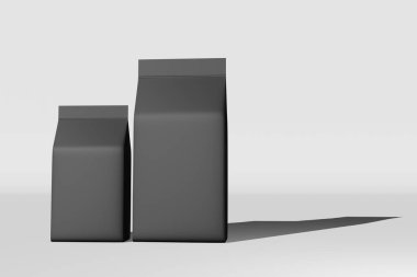 Black standing box bottom pouch bag coffee branding 3D rendering. Merchandise packaging design. Blank foil coffee beans Tea food snack sachet product template Shop delivery sale discount demonstration