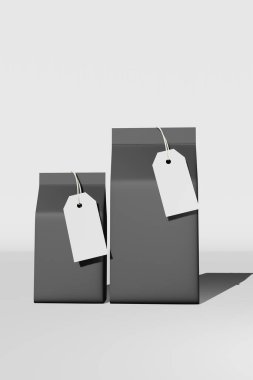 Black standing box bottom pouch bag coffee branding price tag 3D rendering. Merchandise packaging design. Blank foil coffee bean Tea food snack sachet product template Shop delivery sale discount card