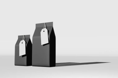 Black standing box bottom pouch bag coffee branding price tag 3D rendering. Merchandise packaging design. Blank foil coffee bean Tea food snack sachet product template Shop delivery sale discount card