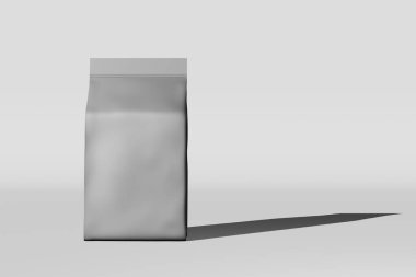 Silver pouch bag branding premium quality luxury 3D rendering. Packaging design Foil metallic coffee bean Food snack product standing box bottom pack template.Shop delivery sale discount demonstration
