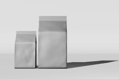 Silver pouch bag branding premium quality luxury 3D rendering. Packaging design Foil metallic coffee bean Food snack product standing box bottom pack template.Shop delivery sale discount demonstration