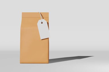Brown standing box bottom pouch bag branding price tag card 3D rendering. Merchandise packaging design. Blank paper coffee beans. Food snack product template. Shop delivery sale discount demonstration