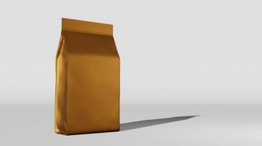 Golden standing box bottom pouch bag coffee branding 3D animation. Merchandise packaging design.Blank foil coffee beans Tea food snack sachet product template Shop delivery sale discount demonstration