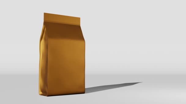 Golden Standing Box Bottom Pouch Bag Coffee Branding Animation Merchandise — Vídeo de Stock