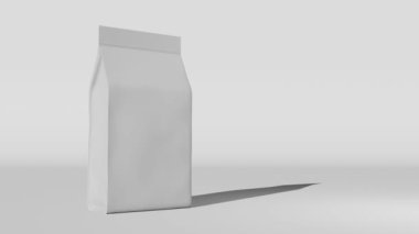 White standing box bottom pouch bag coffee branding 3D animation. Merchandise packaging design. Blank foil coffee beans Tea food snack sachet product template Shop delivery sale discount demonstration