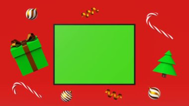 Christmas display mockup fir tree balls candy cane gift box golden ribbon looped 3d animation. Empty green chroma key board template red background Winter seasonal sale shop discount advertising promo