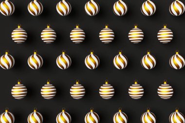 Christmas balls 3D pattern wallpaper top view flat lay black background. Xmas festive ornament realistic white gold glitter decoration toys Winter holiday seasonal New Year screensaver backdrop banner