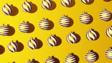 Golden white Christmas balls 3D looped seamless motion animation pattern yellow background. Xmas festive ornament realistic glitter decoration toys. Winter holidays seasonal New Year screensaver 4K.