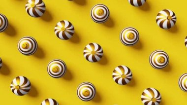 Golden white Christmas balls 3D looped seamless motion animation pattern yellow background. Xmas festive ornament realistic glitter decoration toys. Winter holidays seasonal New Year screensaver 4K.