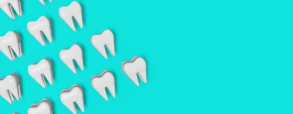 White healthy teeth motion 3D rendering pattern on blue background. National Dentist\'s Day Digital molar tooth anatomy model. Wisdom teeth extraction Oral care recovery. Dental Insurance Clinic banner