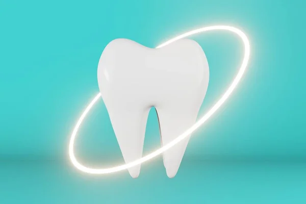 White Healthy Molar Tooth Rendering Blue Background Enamel Whitening Toothpaste — Stock Photo, Image