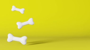 Gerçekçi sağlıklı beyaz köpek kemiği 3D animasyon döngüsü 4K. Evcil hayvan dükkanı afişi sarı arka plan. Vitamin besin takviyesi dengeli beslenme. Aile içi hayvan sağlığı, eklem romatizması.
