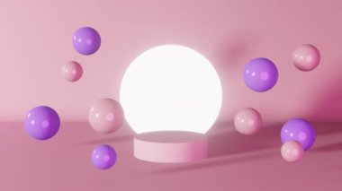 Mor pembe neon silindir podyum parıldayan sahne küreleri 3d animasyon döngüsü 4K yuvarlak kaidesel tasarım geometrik kompozisyon. Kozmetik ürünü parlak vitrin sahne sunum arkaplanı
