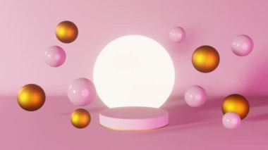 Pembe altın silindir podyum parlayan sahne küreleri 3D animasyon döngüsü. Yuvarlak altın rengi kaidesel tasarım geometrik kompozisyon. Kozmetik ürünü parlak vitrin sahne sunum arkaplanı