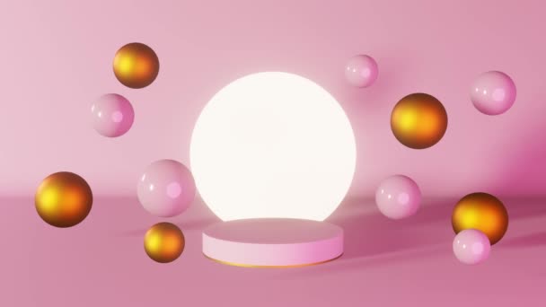 Pink Golden Cylinder Podium Glowing Stage Flying Spheres Animation Loop — Stock Video