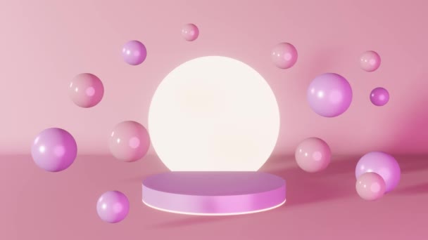 Púrpura Rosa Néon Cilindro Pódio Brilhante Palco Voando Esferas Animação — Vídeo de Stock