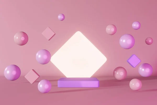 Purple pink neon cube podium stage 3d render. Geometric pedestal marketing design composition. Abstact minimal scene levitating spheres. Cosmetic product shiny showcase presentation display background