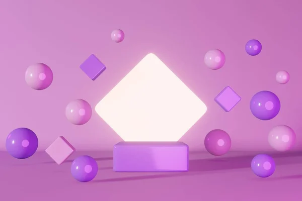 Purple pink neon cube podium stage 3d render. Geometric pedestal marketing design composition. Abstact minimal scene levitating spheres. Cosmetic product shiny showcase presentation display background