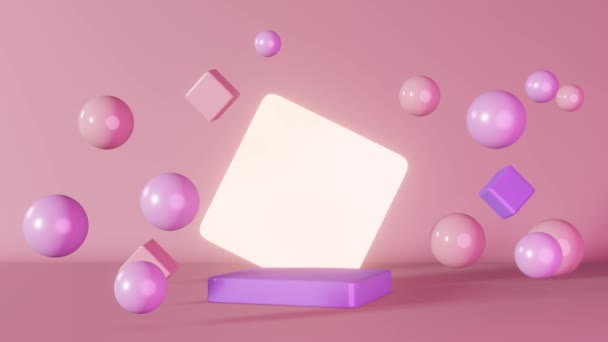 Pódio Cubo Néon Rosa Roxo Brilhante Palco Voando Esferas Animação — Vídeo de Stock