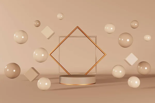 中性ベージュキューブ表彰台ステージ3Dレンダリング 幾何学的な茶色の台座のマーケティングのデザイン組成 光沢のある球泡を浮遊最小シーン化粧品光沢のあるショーケースの背景 — ストック写真