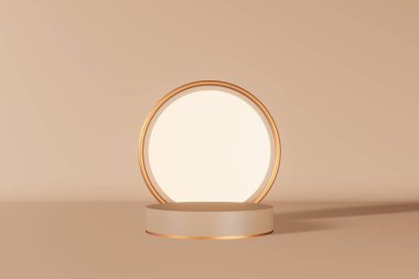 Nötr bej silindir podyum 3D görüntüleme. Geometrik yuvarlak kaidesel aydınlatıcı arka ışık pazarlama tasarımı bileşimi. Minimum sahne kozmetik ürünleri parlak sunum arkaplanı.
