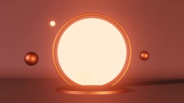 Bronz Podyum Sahnesi Neon Işıklı Animasyon Küreleri Geometrik Kaide Aydınlatıcı — Stok video