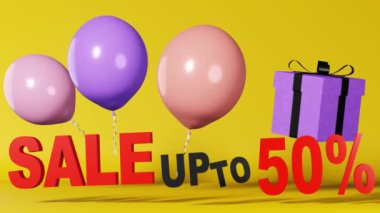 % 50 'ye kadar indirimli mesaj pankartı En iyi fiyat 3d animasyon sarı arka plan. Mor hediye kutusu pembe balonları havaya kaldırıyor. İnternetten alışveriş promosyonu. Mağaza kuponu grafik poster şablonu