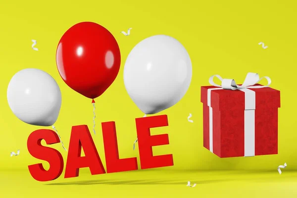 Sale text discount banner Hot offer Best price 3d rendering card yellow background. Red gift box levitating white balloons. Online shopping promotion. Shop coupon product advertisement poster template