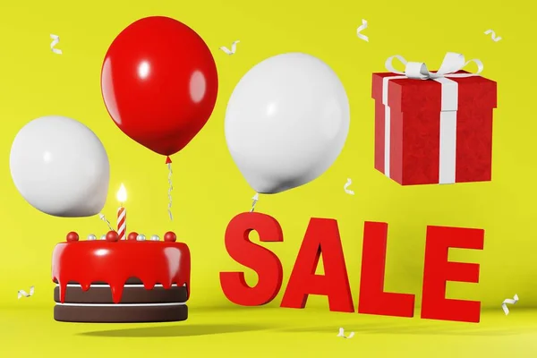 Sale text discount banner Hot offer Best price 3d rendering yellow background. Red gift box levitating white balloons birthday cake. Online shopping promotion Shop coupon advertisement poster template