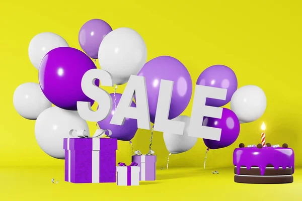 销售文本折扣横幅热点提供最佳价格3D渲染黄色背景 紫色礼品盒 上面印有白色气球的生日蛋糕 网上购物促销商店优惠券广告海报模板 — 图库照片