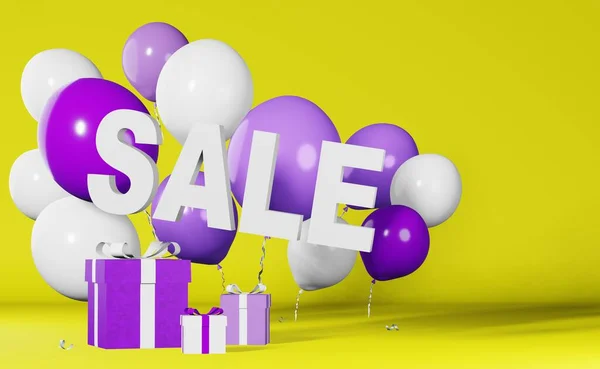Sale text discount banner Hot offer Best price 3d rendering card yellow background. Purple gift box levitating white balloon Online shopping promotion.Shop coupon product advertisement poster template