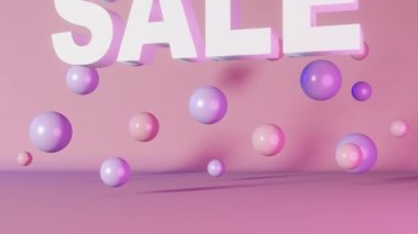 İndirimli metin indirimi afişi En iyi fiyat 3d animasyon pembe arka plan ışığı 4K. Mor yükselen küreler. İnternetten alışveriş promosyonu. Mağaza kuponu ürün reklam afişi şablonu.