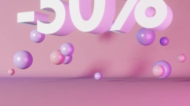 % 50 indirimli pankart En iyi fiyat 3d animasyon pembe arka plan ışığı. Mor yükselen küreler. İnternetten alışveriş promosyonu. Mağaza kuponu ürün reklam afişi şablonu.